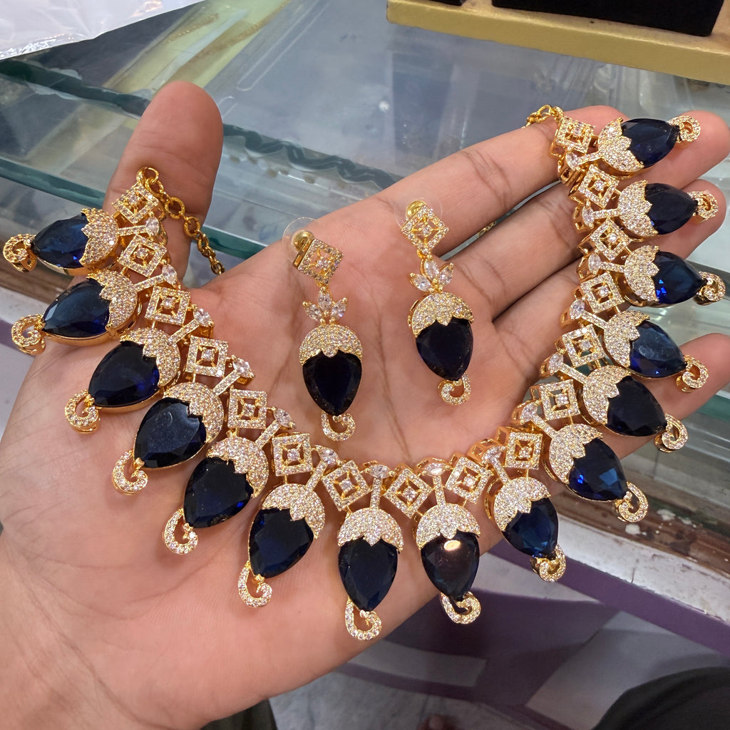 Royal Navy Blue Stone American Diamond (AD/CZ) Choker Set
