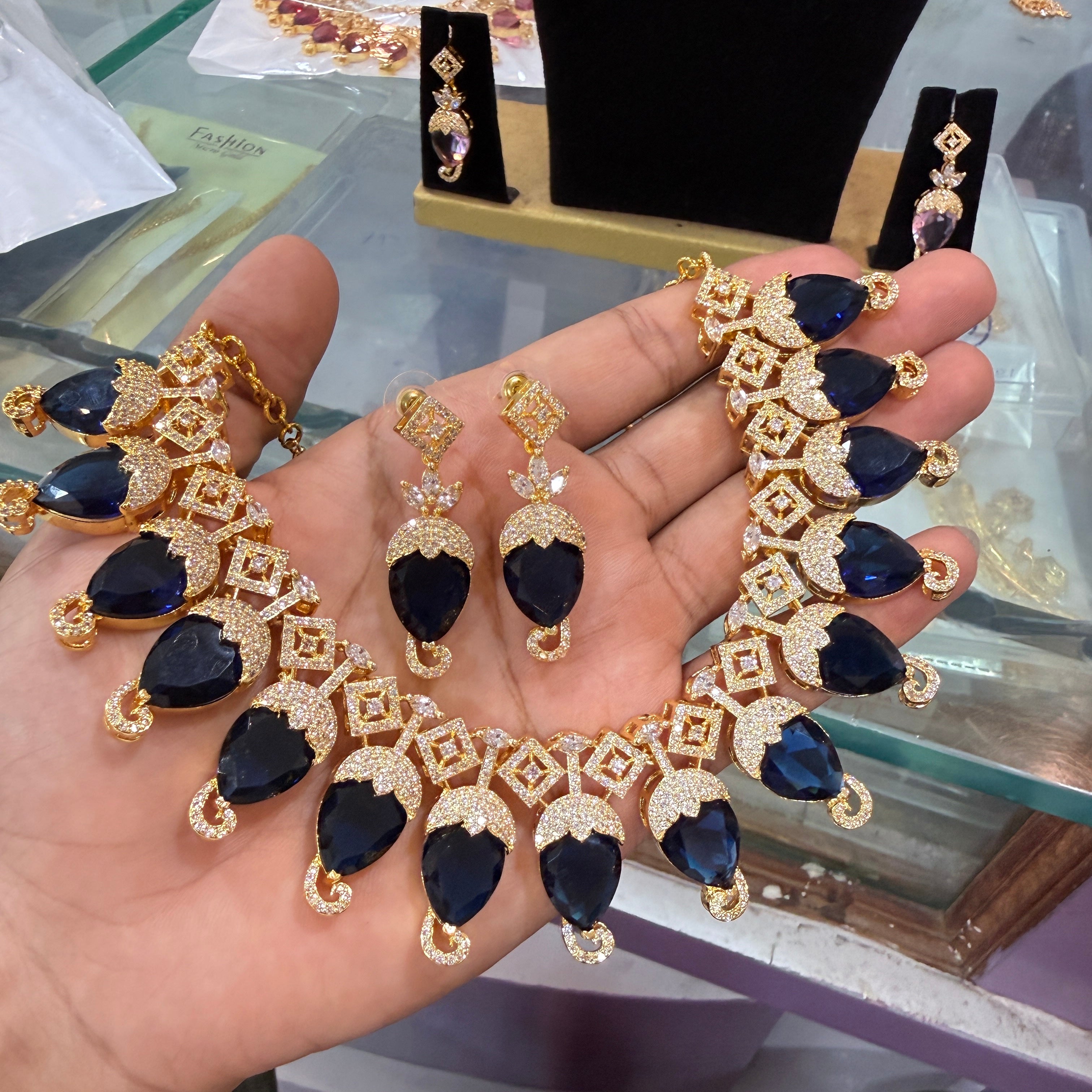 Royal Navy Blue Stone American Diamond (AD/CZ) Choker Set
